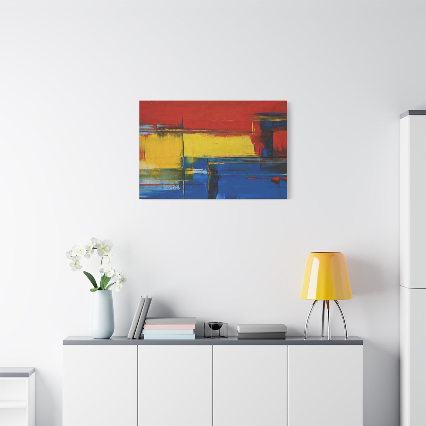 Abstract Color Block Matte Canvas Wall Art — Red, Yellow & Blue Stretched Canvas