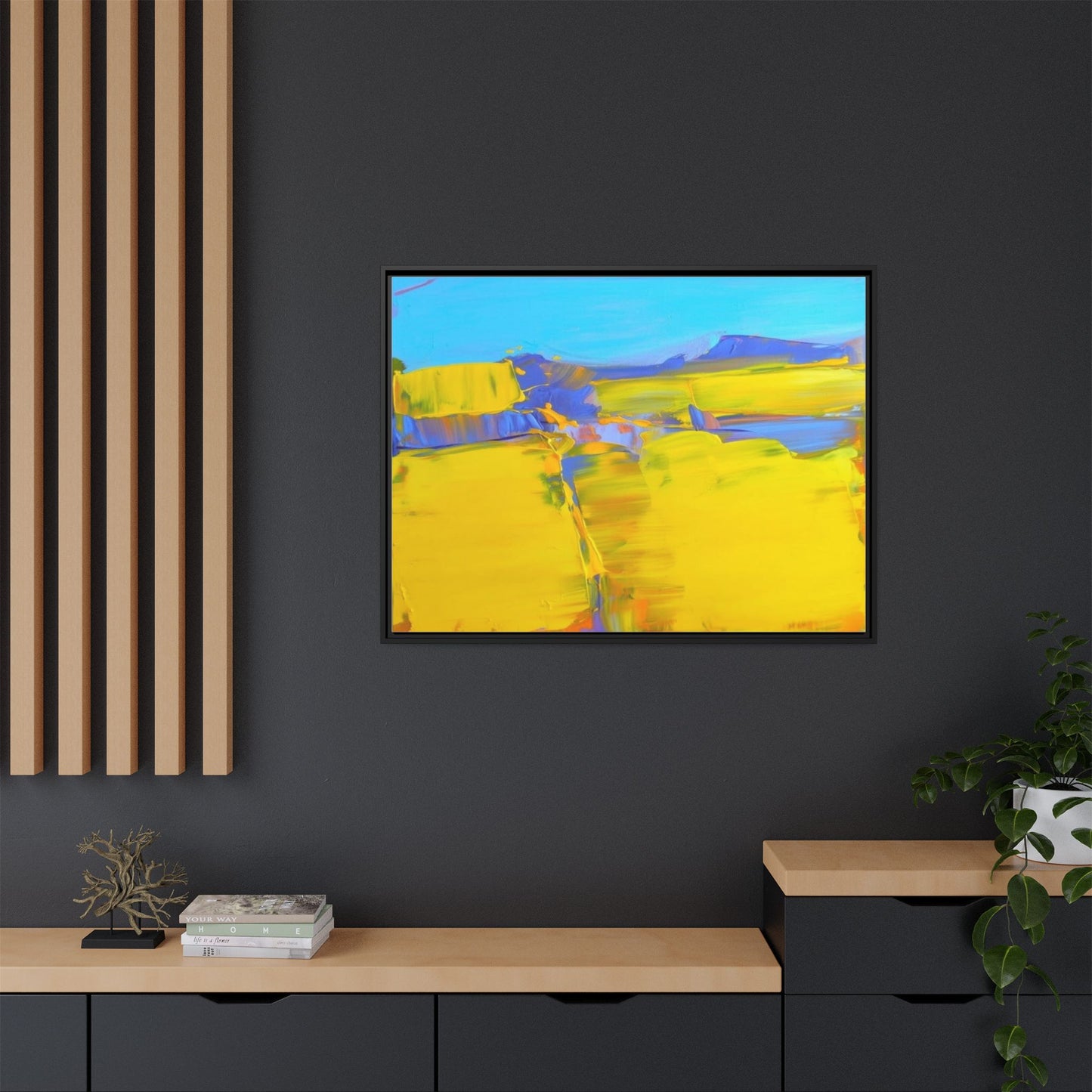 Framed Matte Canvas  Vibrant Yellow Blue Abstract Landscape Art
