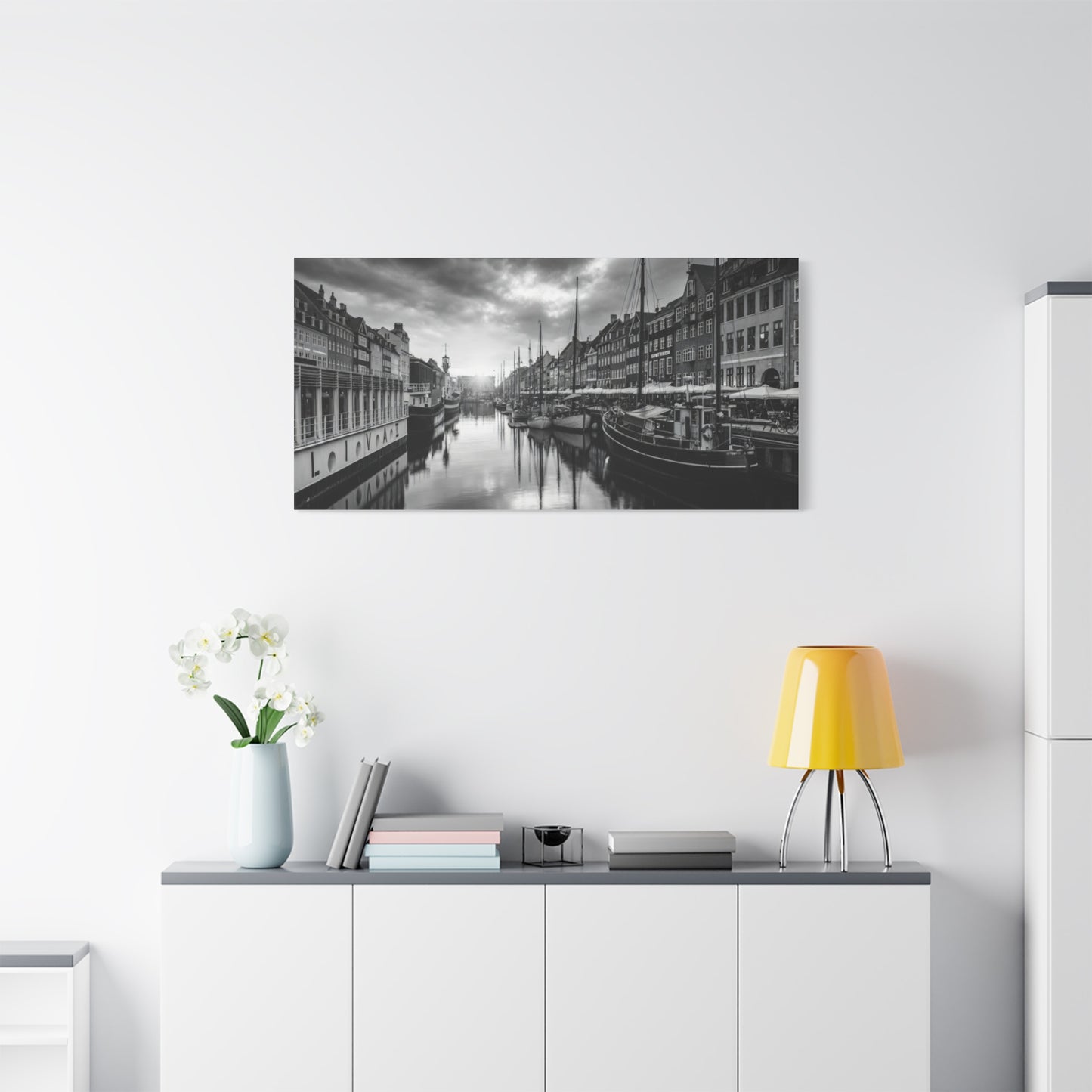 Black & White Harbor Canvas Print — Dramatic Copenhagen Cityscape Wall Art