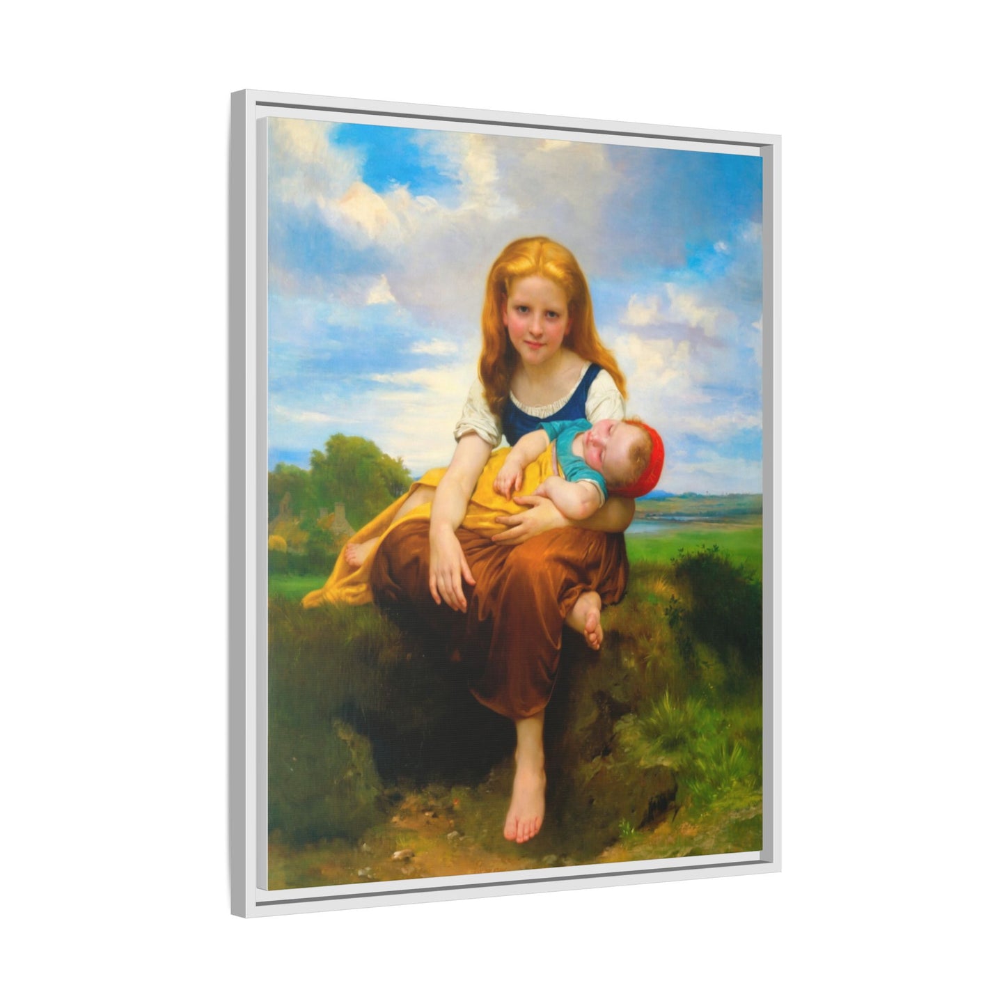 Young Girl Holding Sleeping Baby Canvas Print, Framed Wall Art