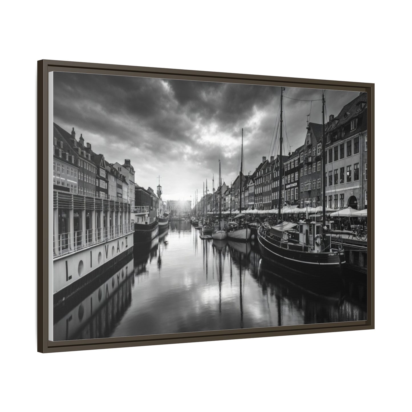 Framed Matte Canvas: Black & White Dutch Canal Photography Wall Art