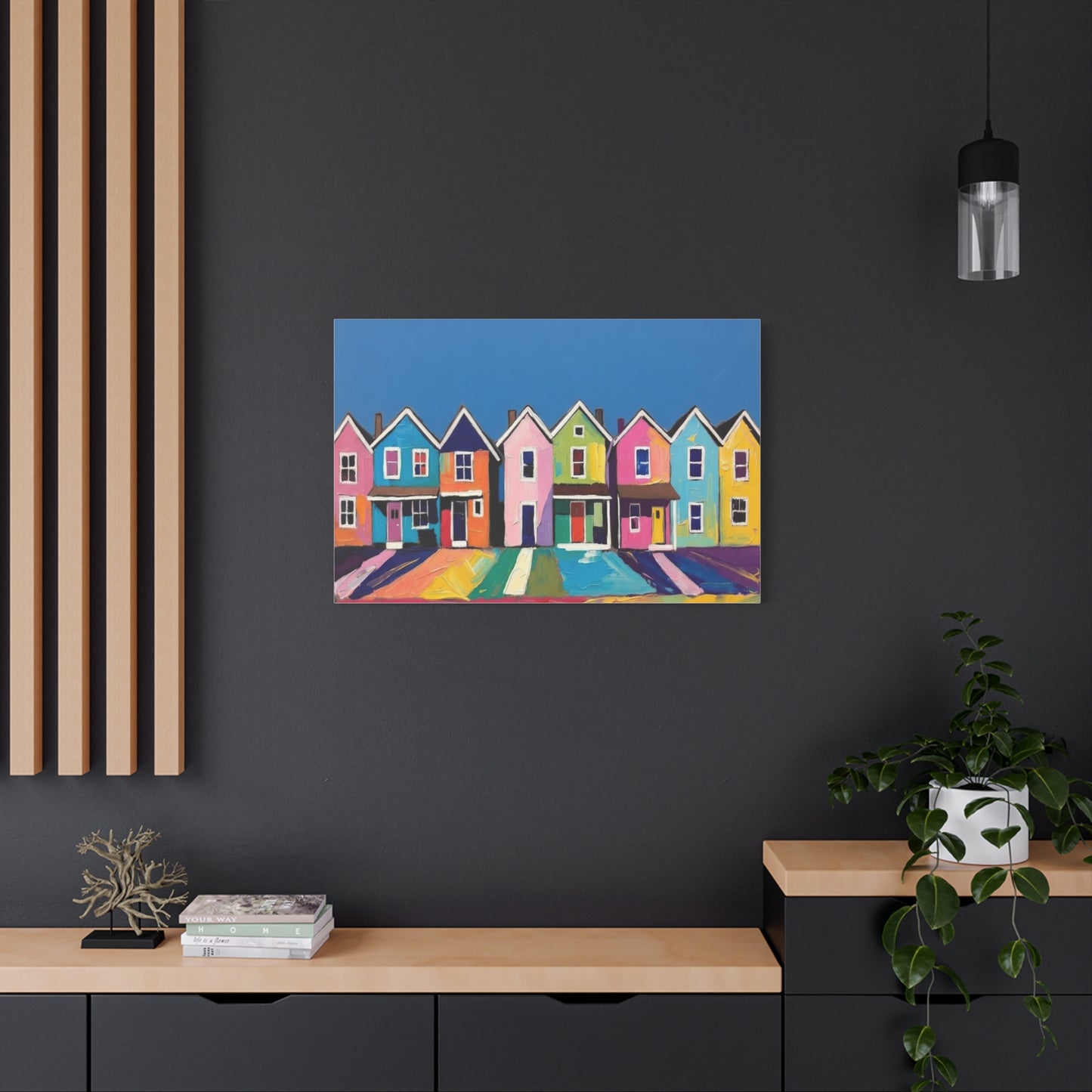 Colorful Row Houses Matte Canvas Print Vibrant Coastal Neighborhood Wall Art