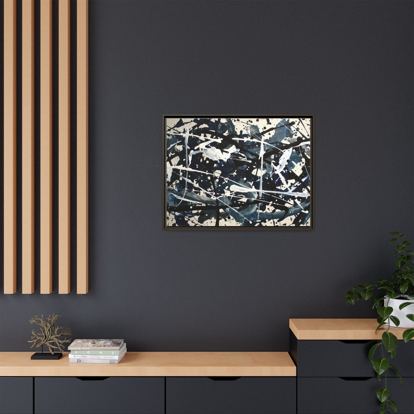 Abstract Splatter Matte Canvas Framed Wall Art — Black & Blue Modern Art Print
