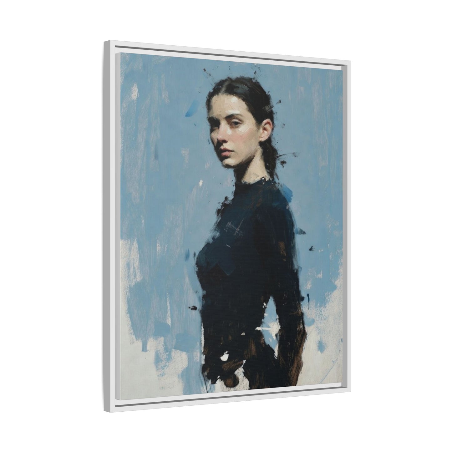 Framed Matte Canvas Portrait Print — Elegant Blue Woman Art