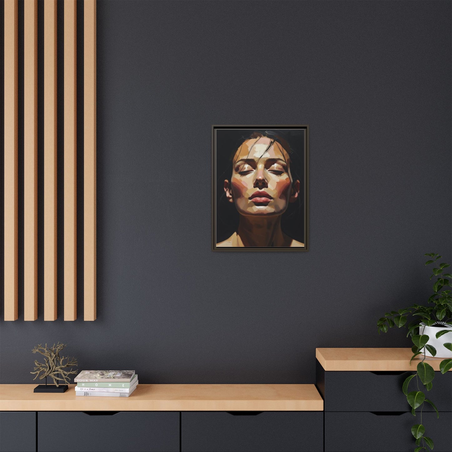 Framed Matte Canvas Portrait – Woman with Eyes Closed (Multi‑Color)