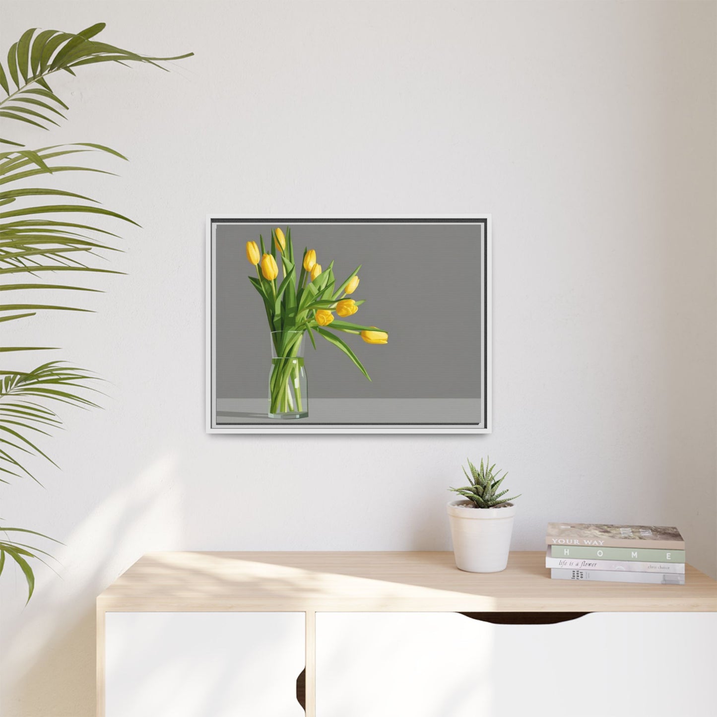 Framed Matte Canvas Art — Yellow Tulip Vase Wall Print