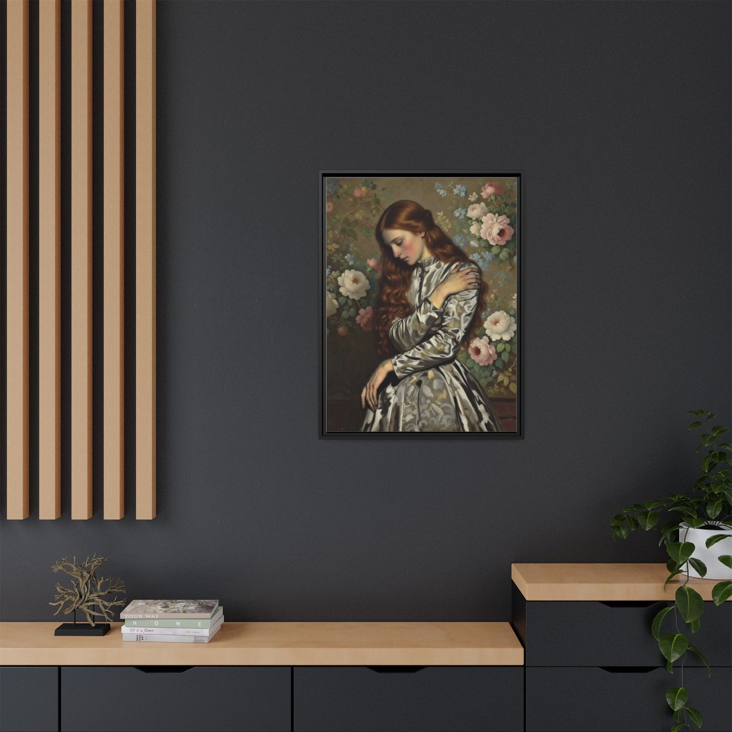 Framed Matte Canvas Art — Vintage Floral Portrait of a Young Woman