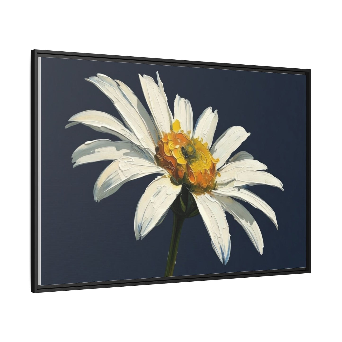 Framed Matte Canvas Daisy Wall Art — White Floral Painting on Navy