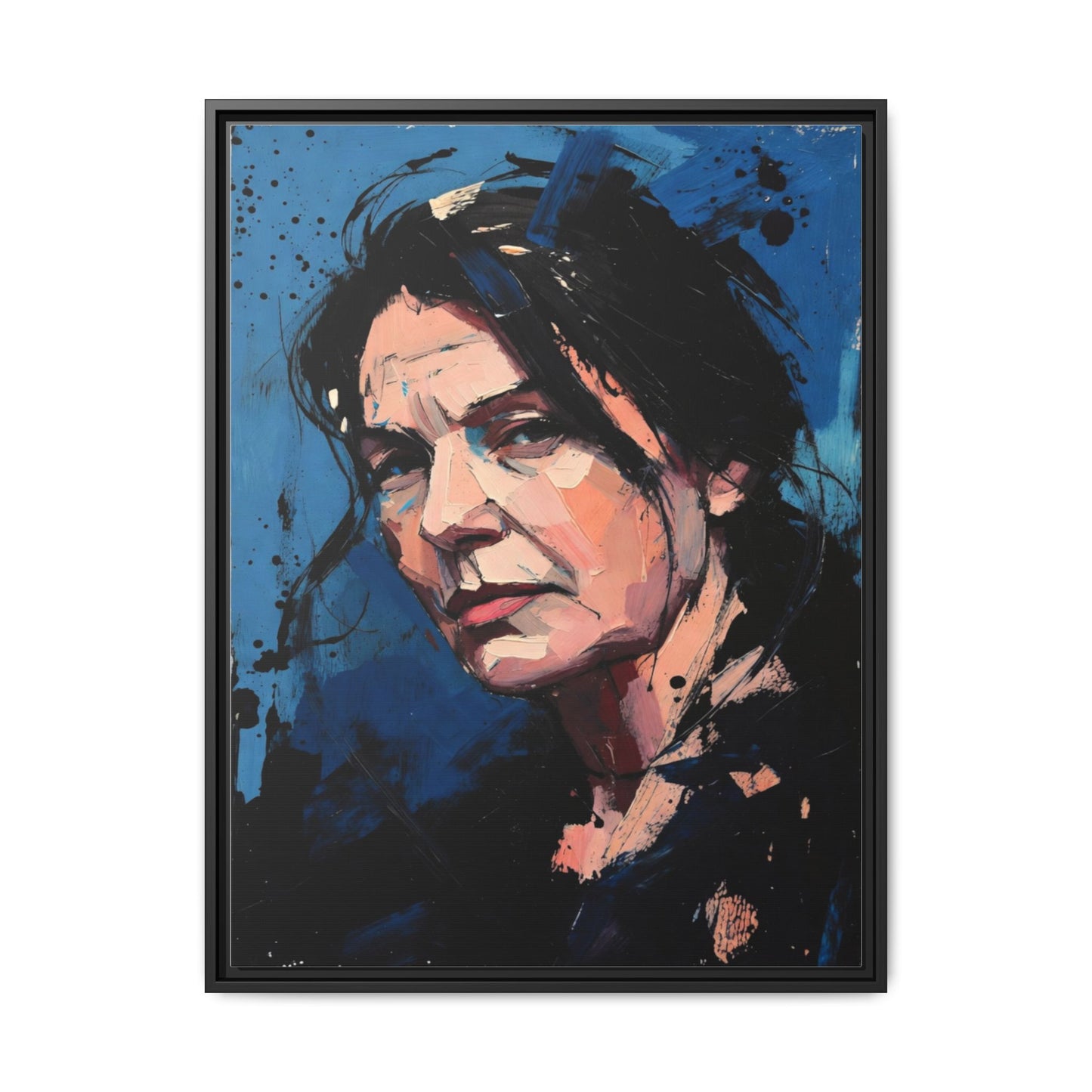 Framed Matte Canvas Portrait — Expressive Blue Painterly Woman Art