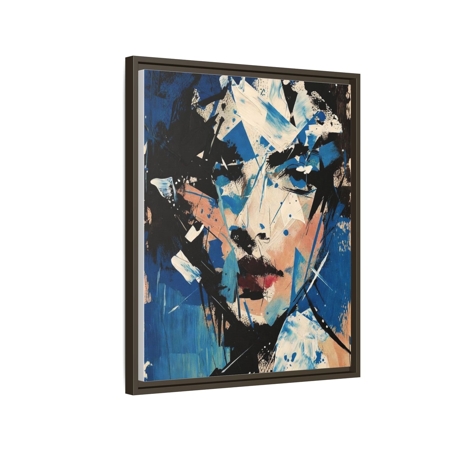 Abstract Portrait Matte Canvas Framed Wall Art — Blue Mixed-Media Face Print
