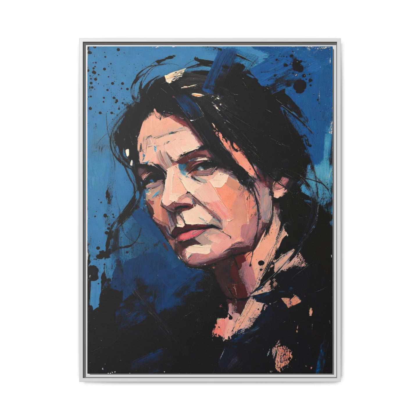 Framed Matte Canvas Portrait — Expressive Blue Painterly Woman Art