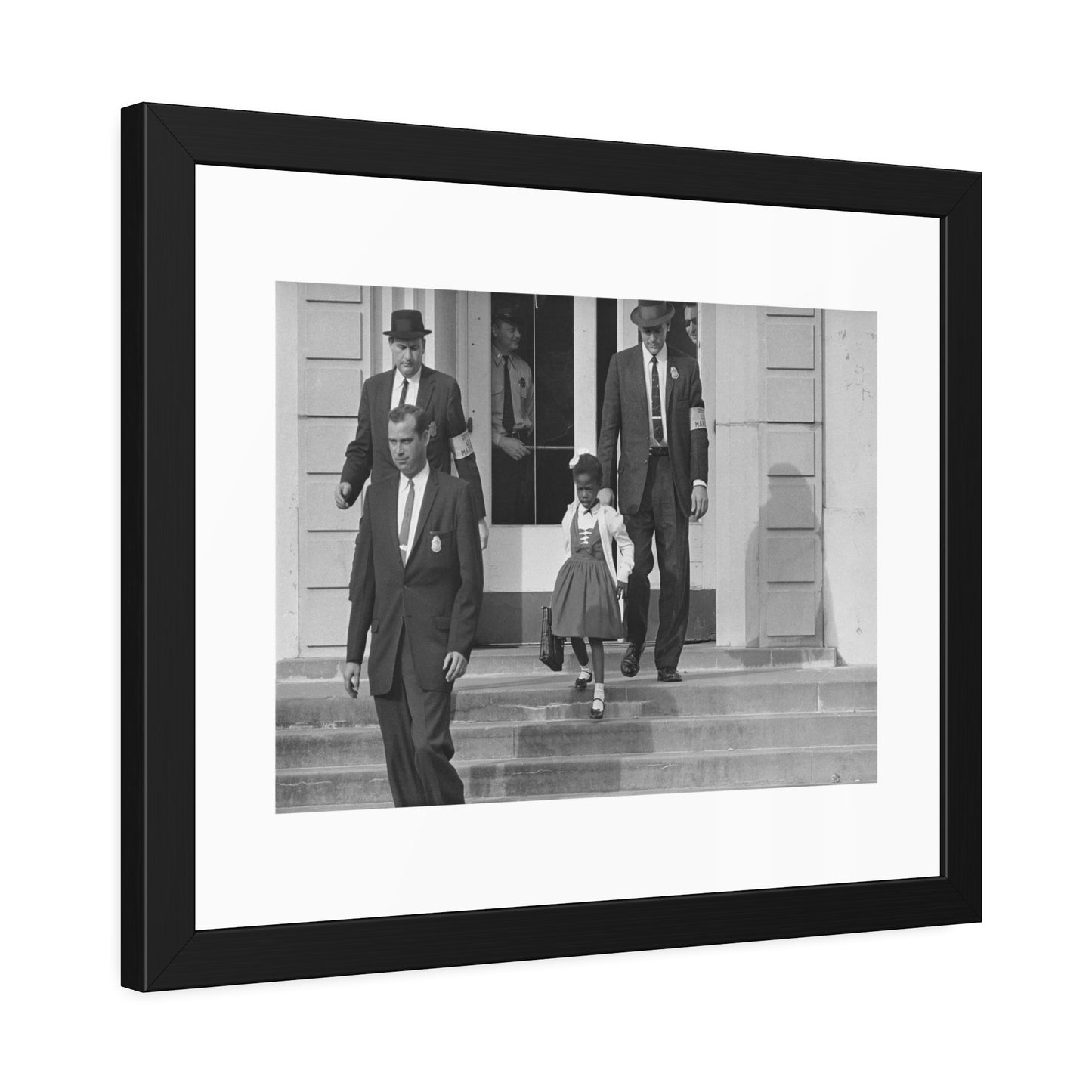 US Marshals with Young Ruby Bridges on School Steps by Unknown  Black & White Civil Rights Photograph Framed Wall Art Print