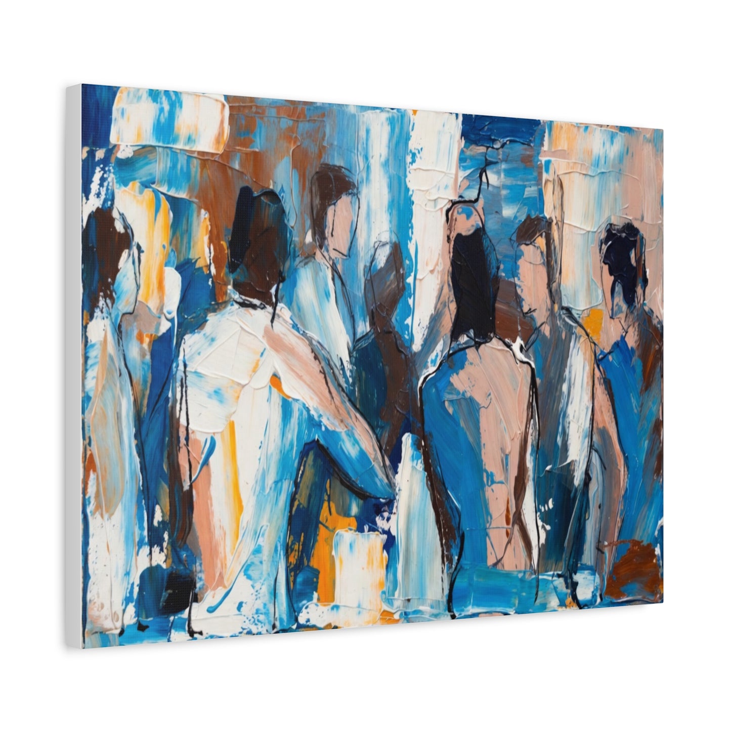 Abstract Figurative Canvas Art — Blue Social Scene Matte Stretched Canvas