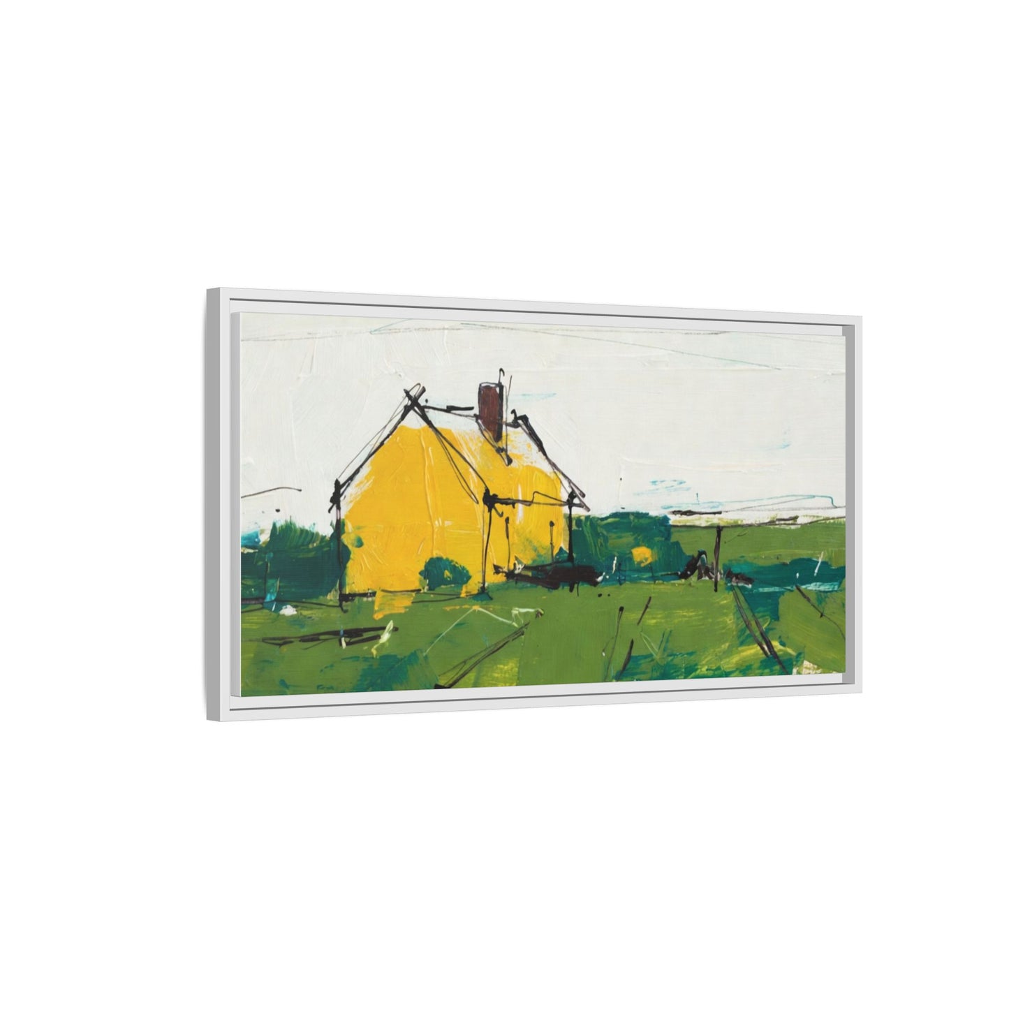 Yellow Cottage Landscape Framed Canvas Print