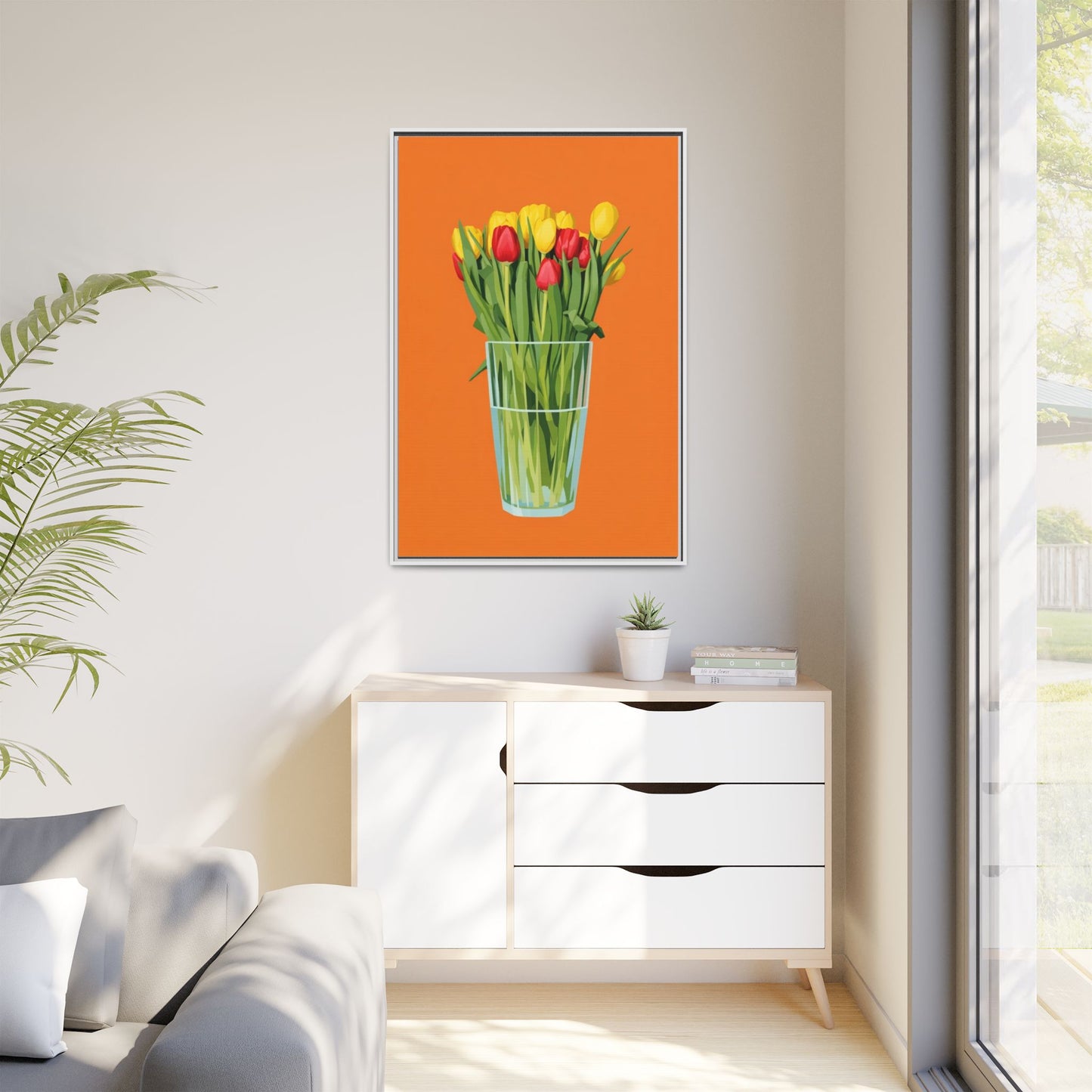 Framed Tulip Canvas Print — Colorful Tulips in Glass Vase