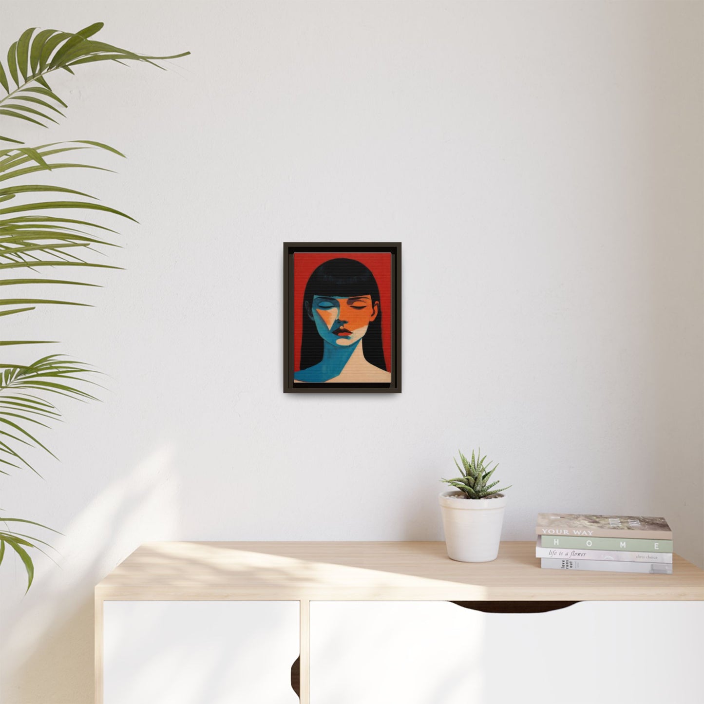 Framed Matte Canvas Art – Minimalist Portrait in Red & Teal
