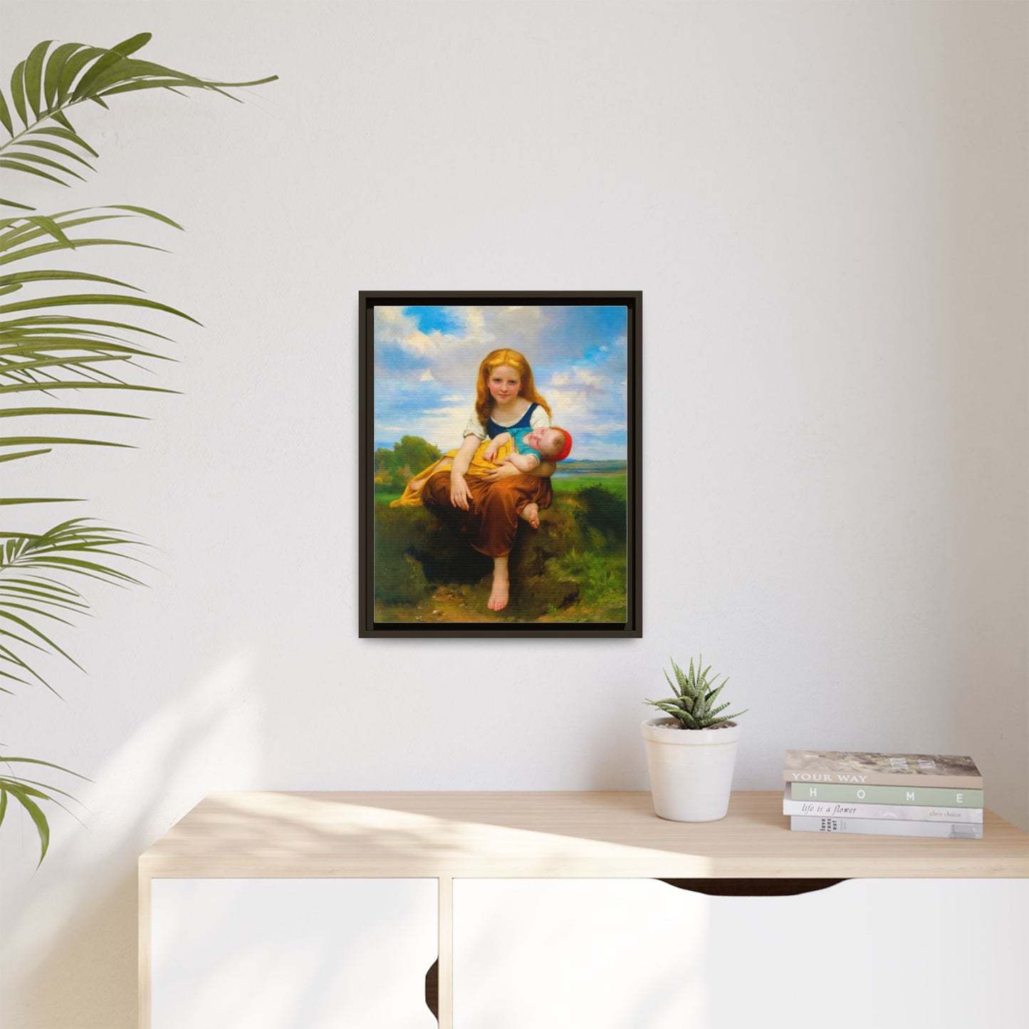 Young Girl Holding Sleeping Baby Canvas Print, Framed Wall Art
