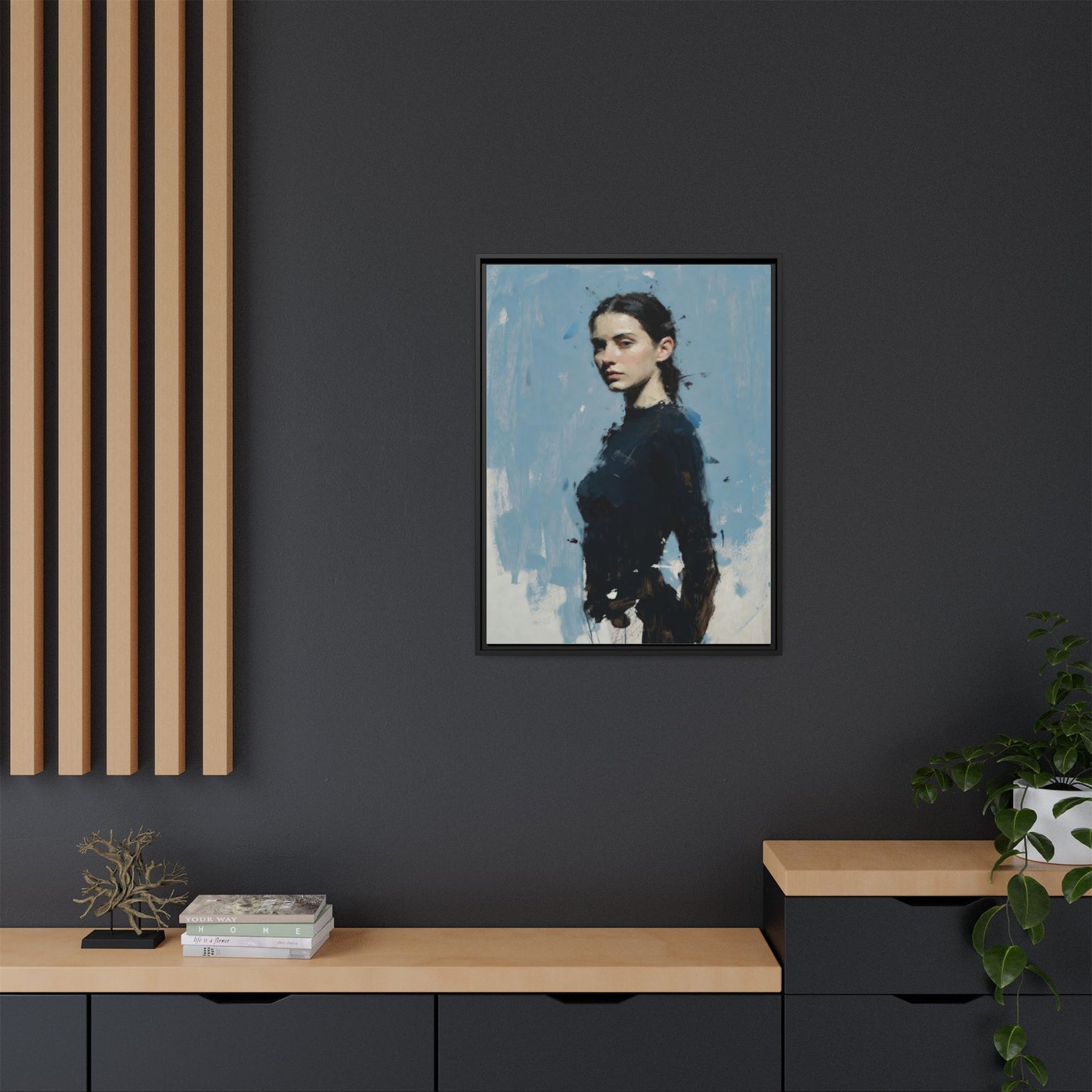 Framed Matte Canvas Portrait Print — Elegant Blue Woman Art