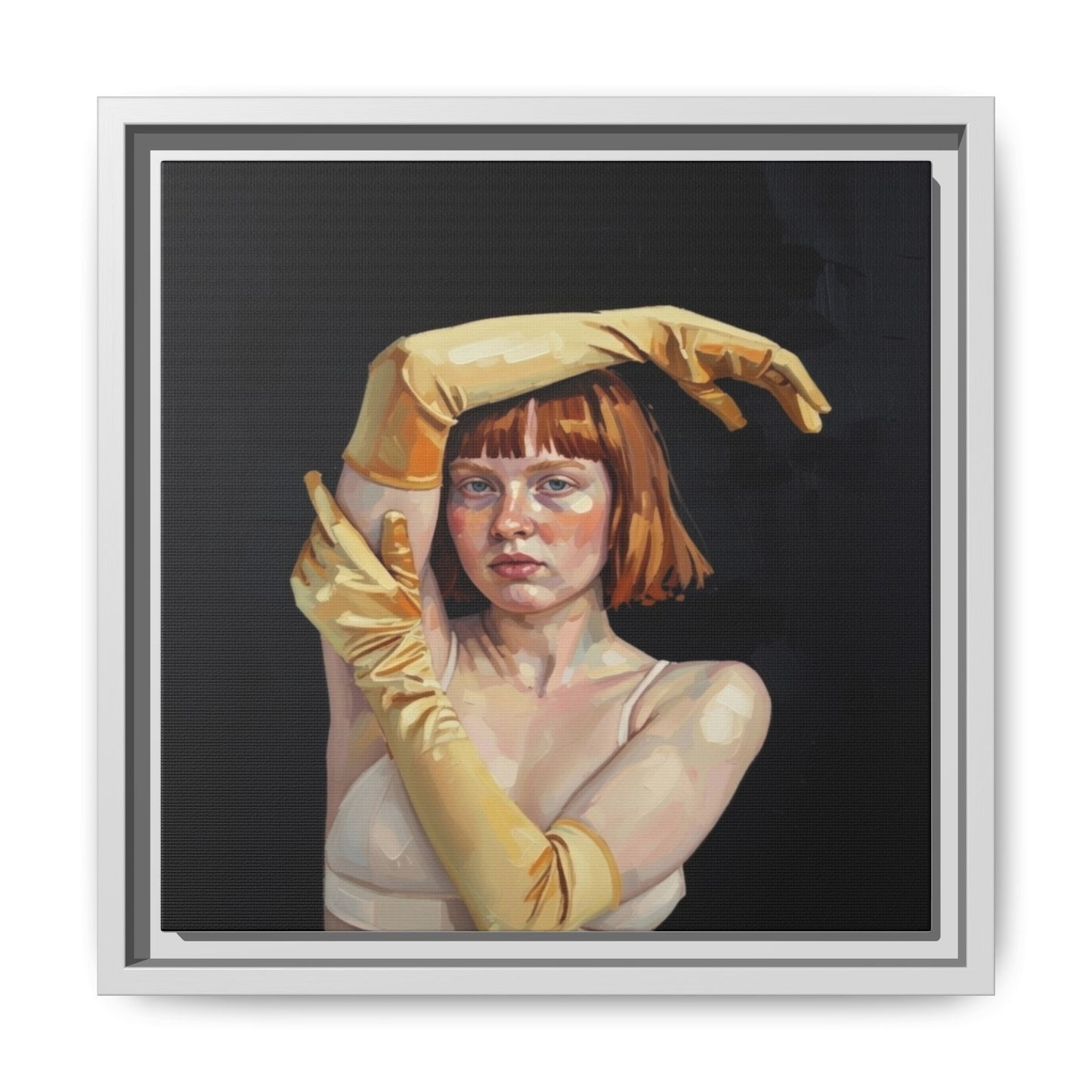 Framed Matte Canvas Art – Portrait of Woman in Yellow Gloves