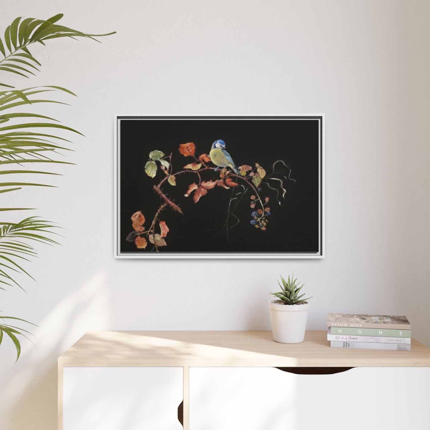 Framed Matte Canvas - Blue Tit on Autumn Branch Wall Art