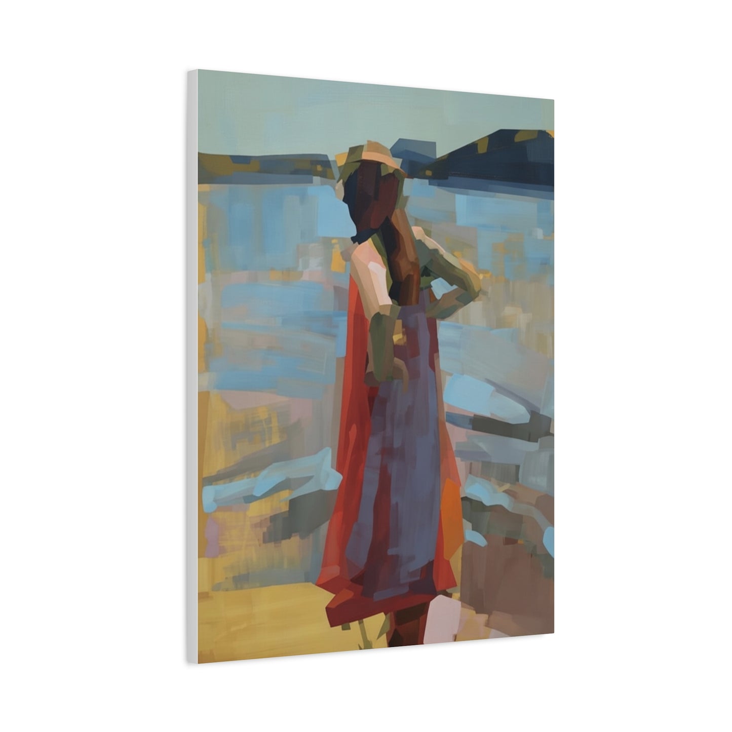 Coastal Stroll Matte Canvas Print — Abstract Woman in Red Dress, Stretched 1.25"