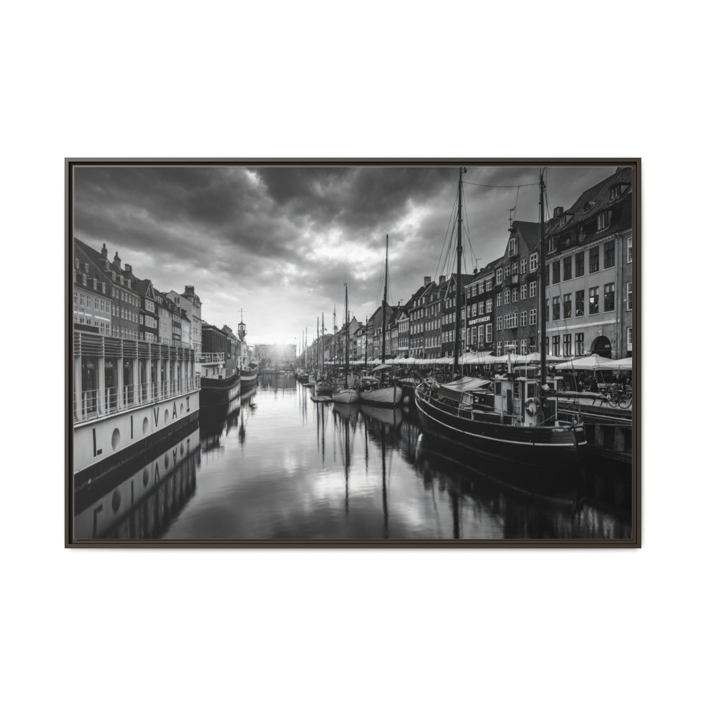 Framed Matte Canvas: Black & White Dutch Canal Photography Wall Art