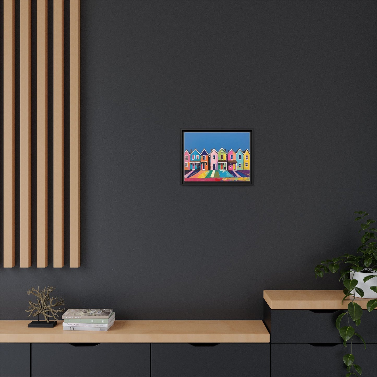 Colorful Beach Houses Matte Canvas Framed Wall Art