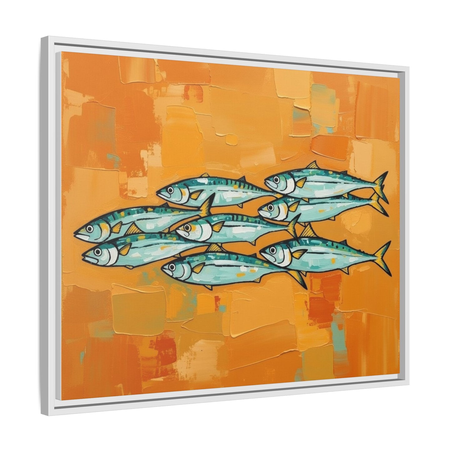 Framed Matte Canvas Print — School of Blue Fish on Orange Abstract Background