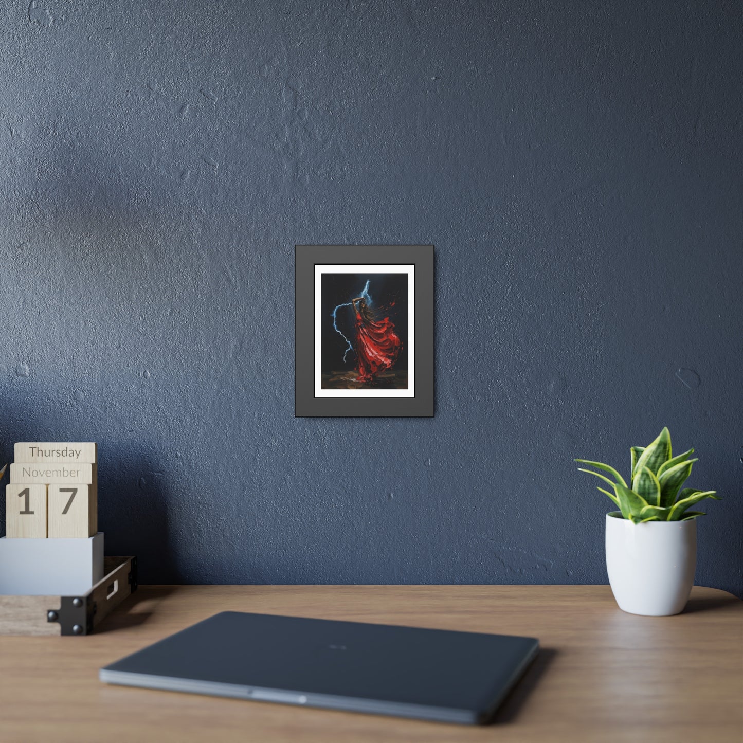 Framed Poster — Red-Dressed Dancer with Lightning Art Print