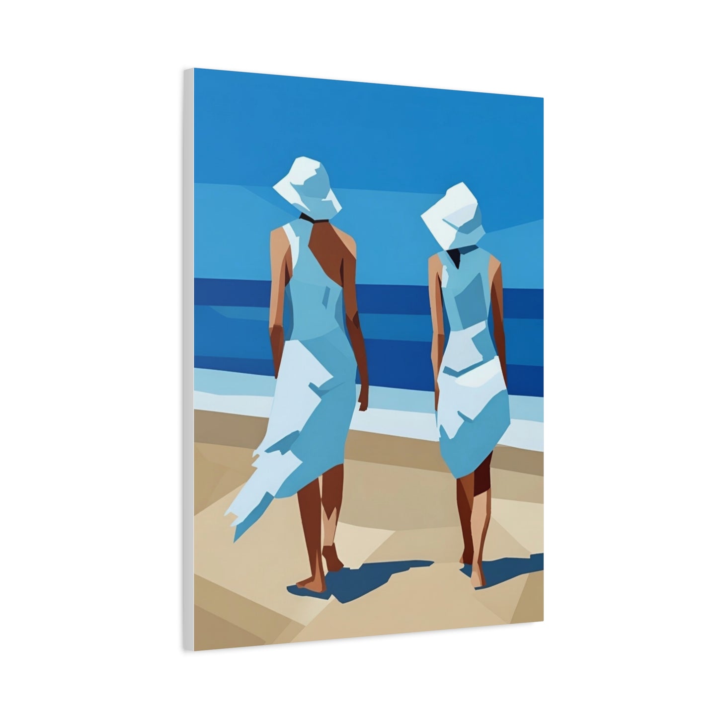 Beach Stroll Canvas Print — Two Women in Blue Sun Hats Matte Stretched