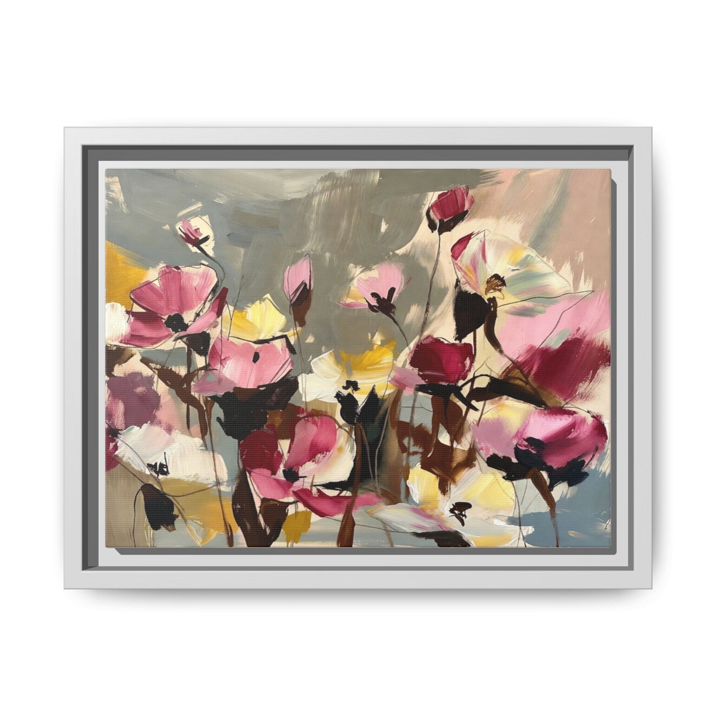Framed Floral Canvas Wall Art — Abstract Pink & Yellow Flowers