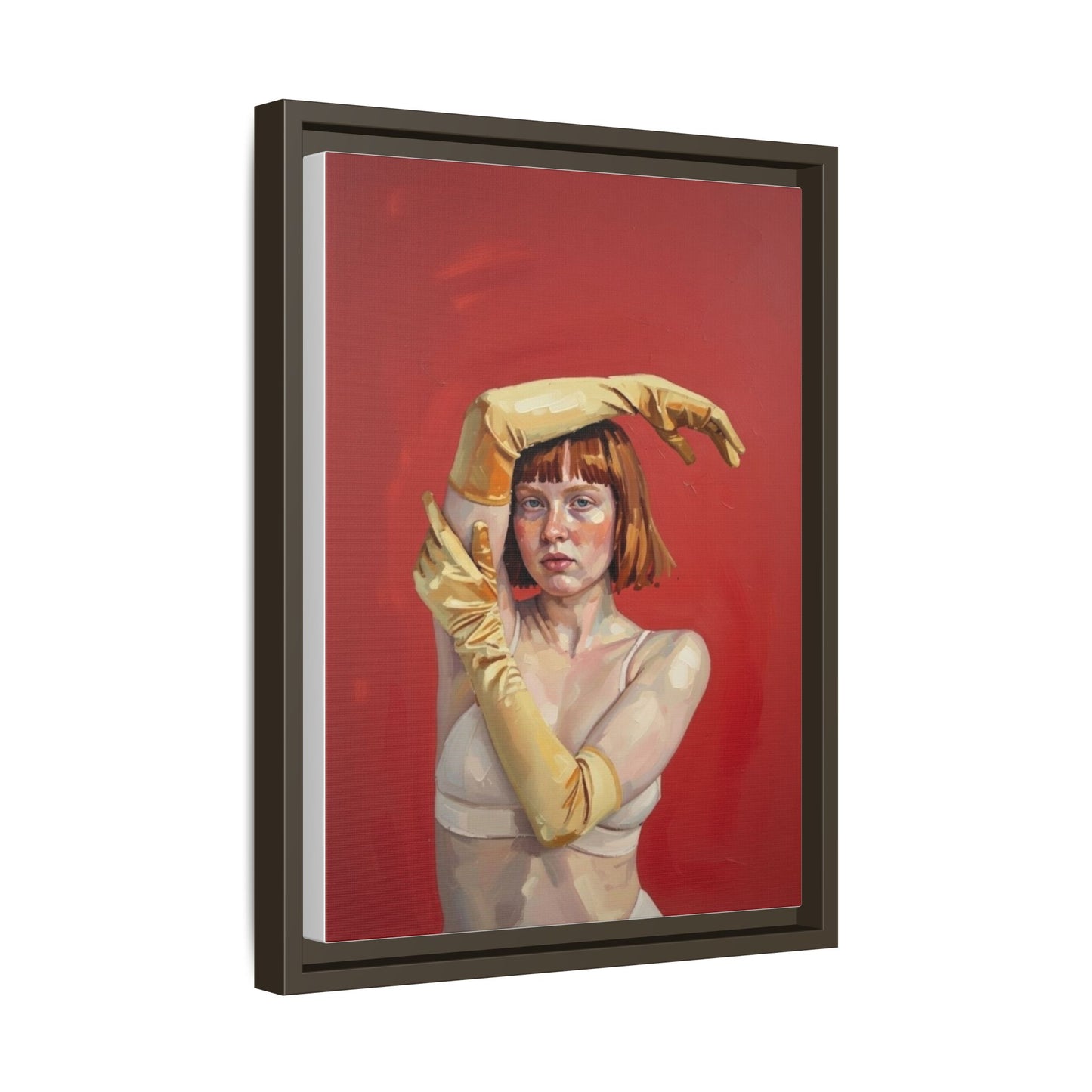 Framed Matte Canvas Art - Portrait of Woman in Yellow Gloves (Red Background)