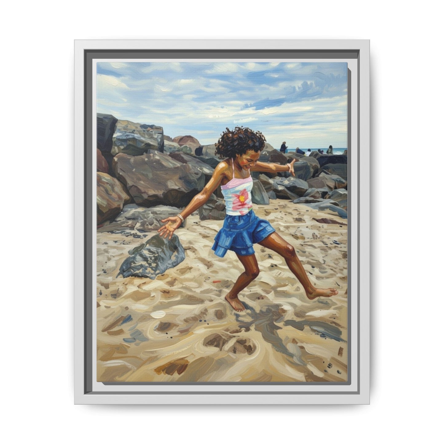 Framed Canvas Art - Girl Dancing on the Beach (Matte Multi-Color)