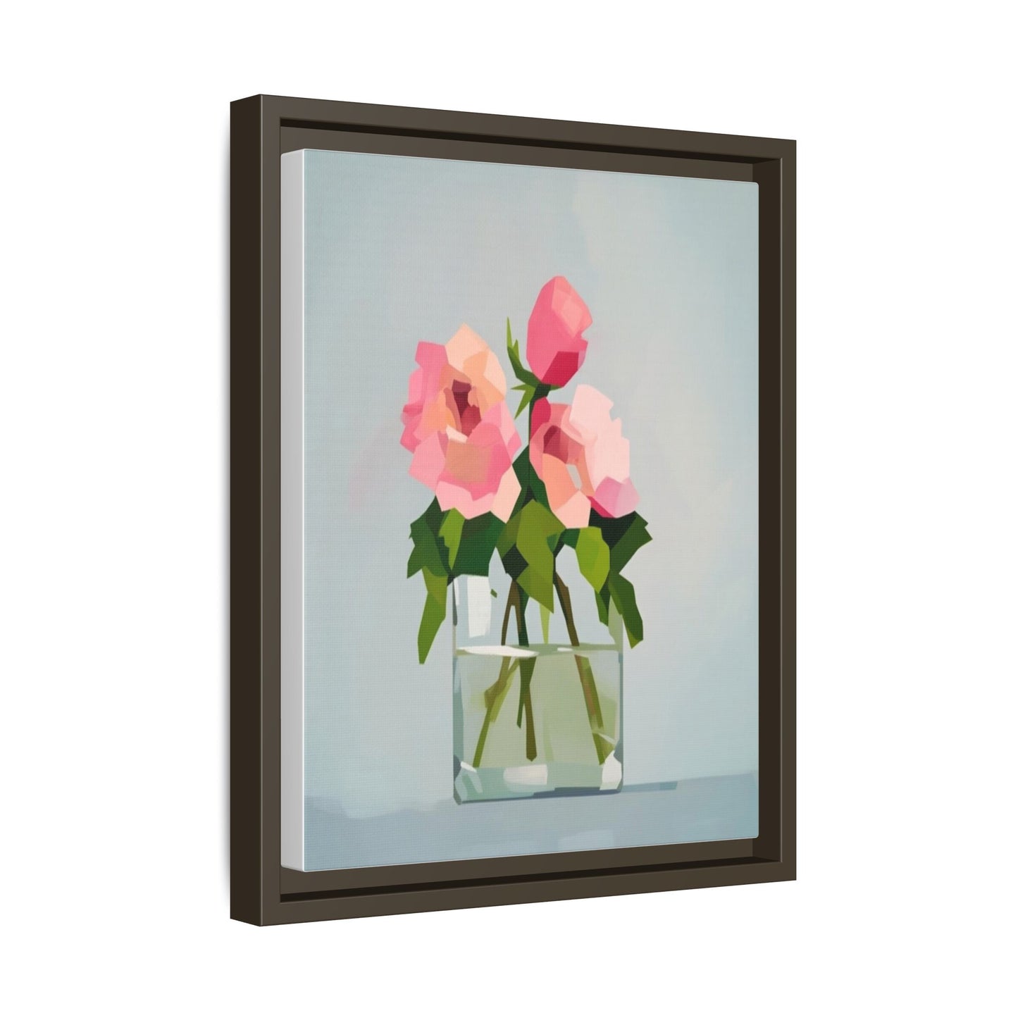 Framed Floral Canvas Print — Pink Roses in Glass Vase (Matte)