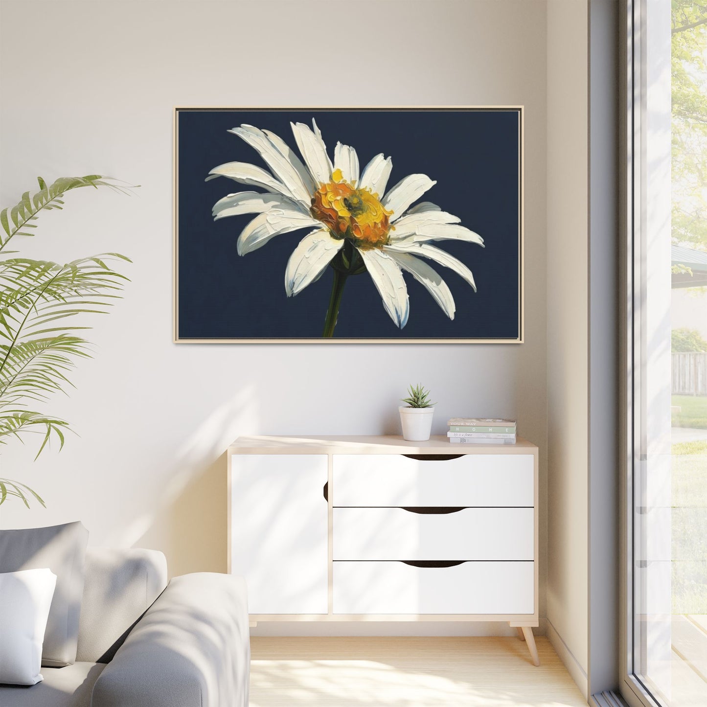 Framed Matte Canvas Daisy Wall Art — White Floral Painting on Navy
