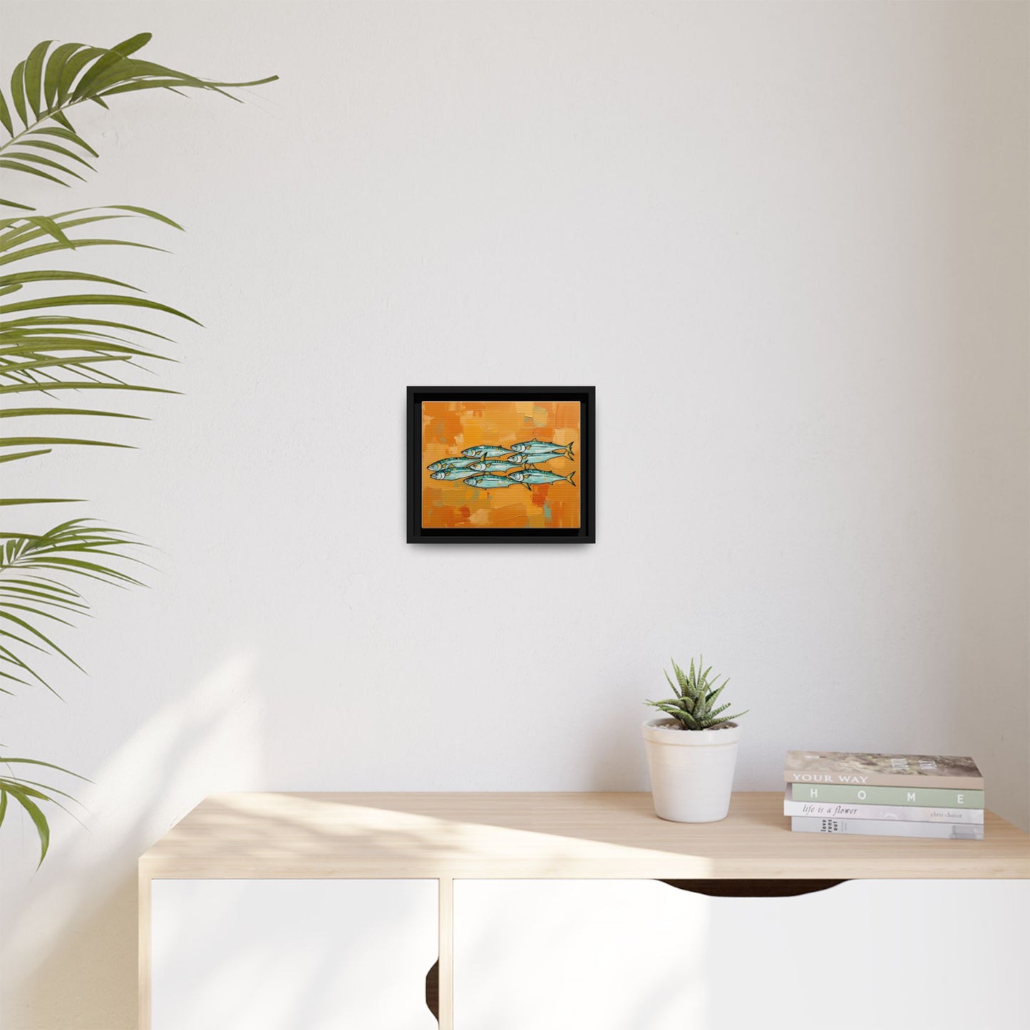 Framed Matte Canvas Print — School of Blue Fish on Orange Abstract Background