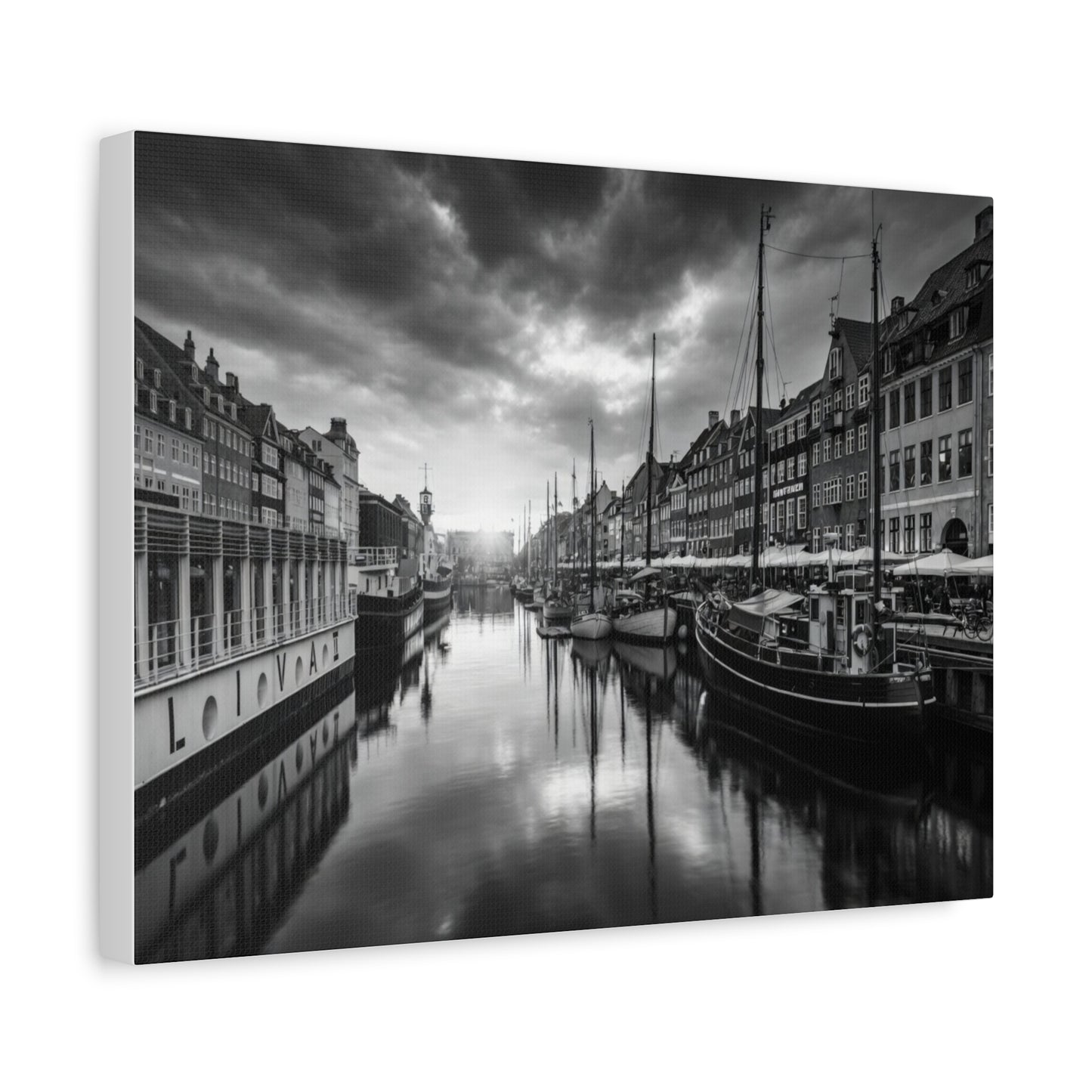 Black & White Harbor Canvas Print — Dramatic Copenhagen Cityscape Wall Art