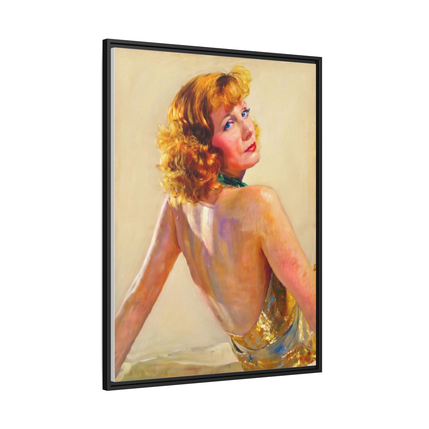 Framed Matte Canvas Print — Vintage Portrait of Redhead Greta Garbo in Gold Dress