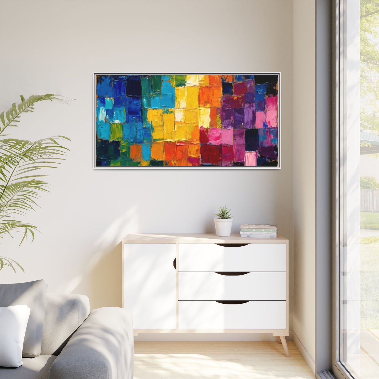 Abstract Rainbow Mosaic Framed Canvas Print — Colorful Modern Wall Art