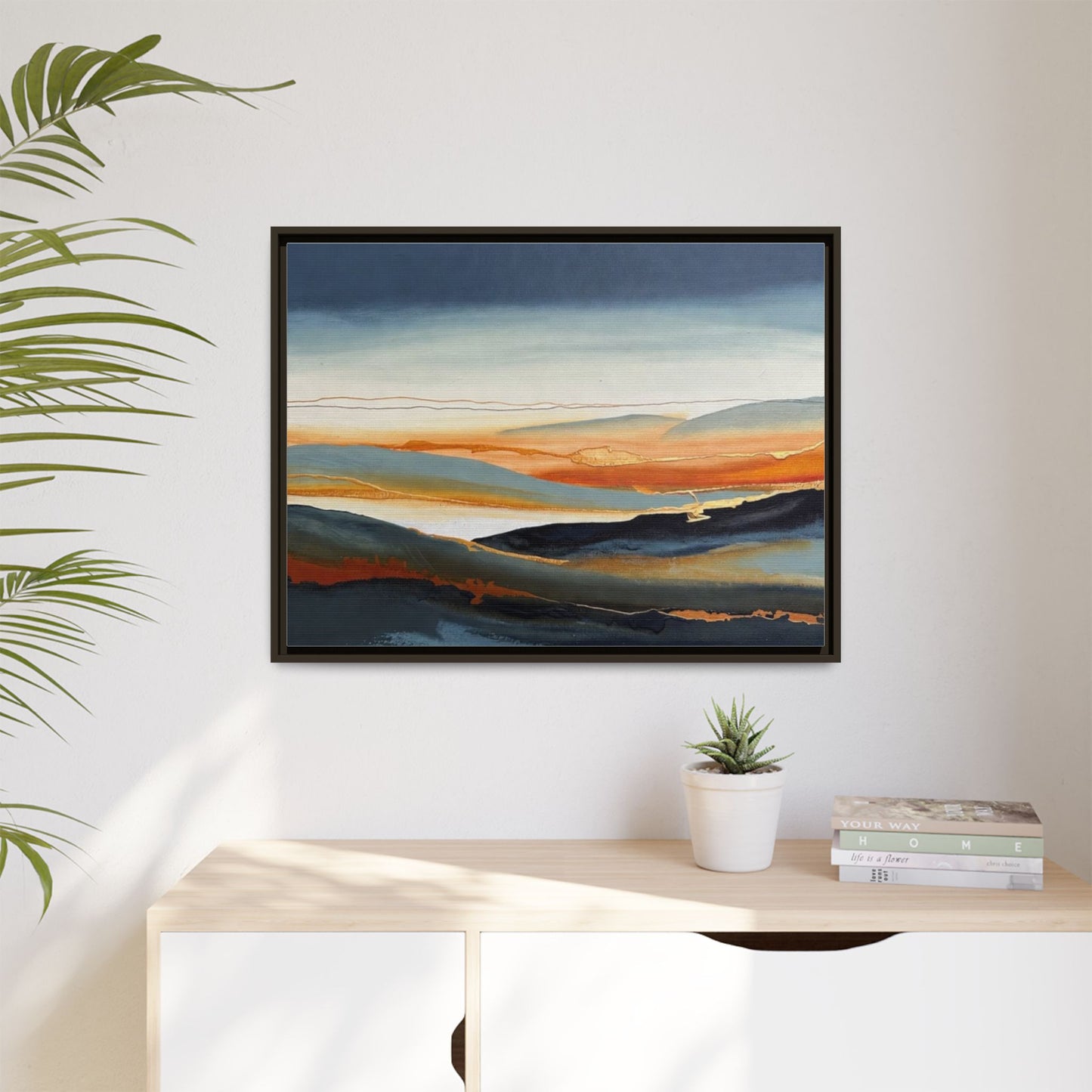 Framed Matte Canvas: Abstract Coastal Sunset Landscape Wall Art