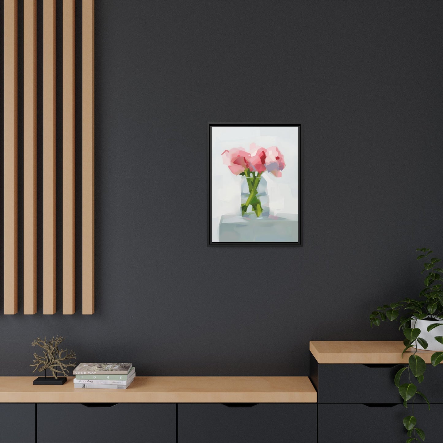 Framed Floral Canvas Art — Pink Peonies in Vase (Matte)