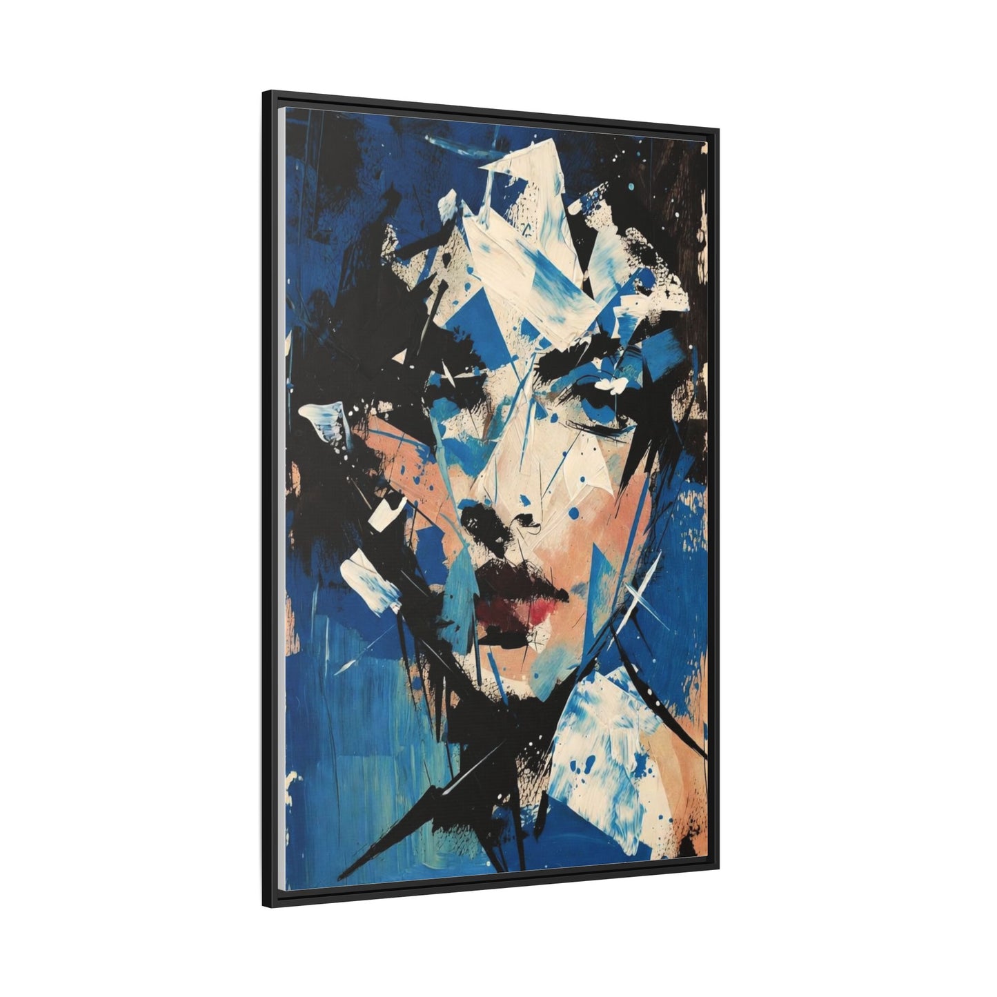 Abstract Portrait Matte Canvas Framed Wall Art — Blue Mixed-Media Face Print