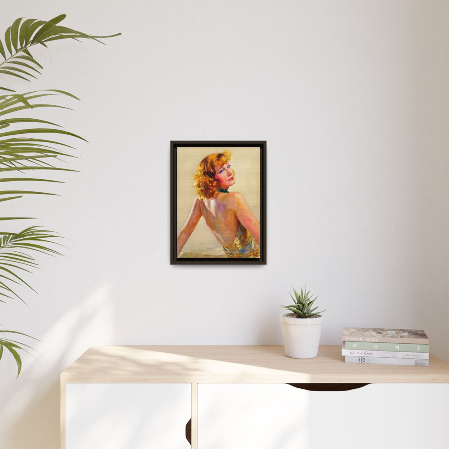 Framed Matte Canvas Print — Vintage Portrait of Redhead Greta Garbo in Gold Dress