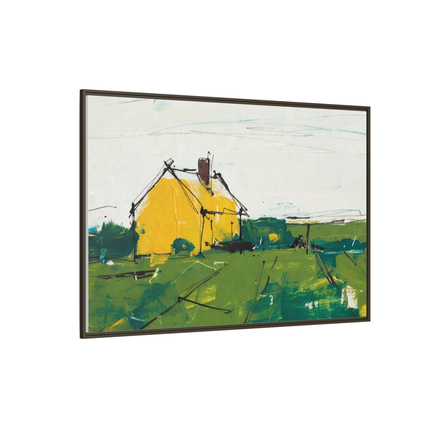 Yellow Cottage Landscape Framed Canvas Print