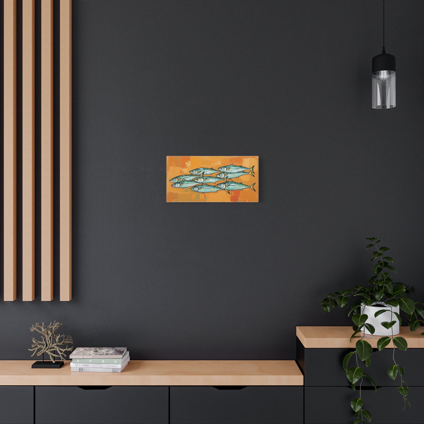 School of Mackerel Canvas Wall Art — Nautical Fish Painting on Orange Background