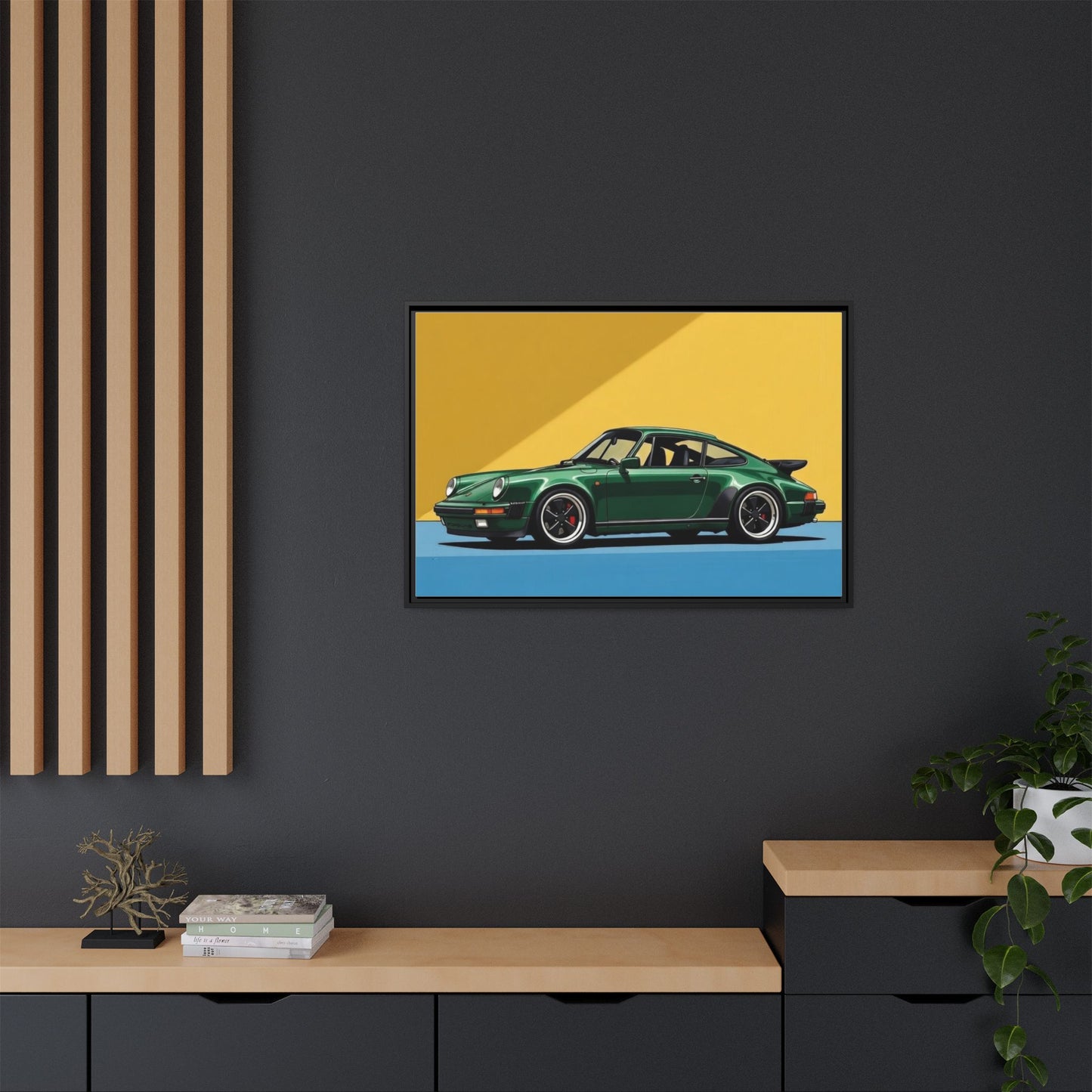 Framed Matte Canvas — Green Sports Car Wall Art