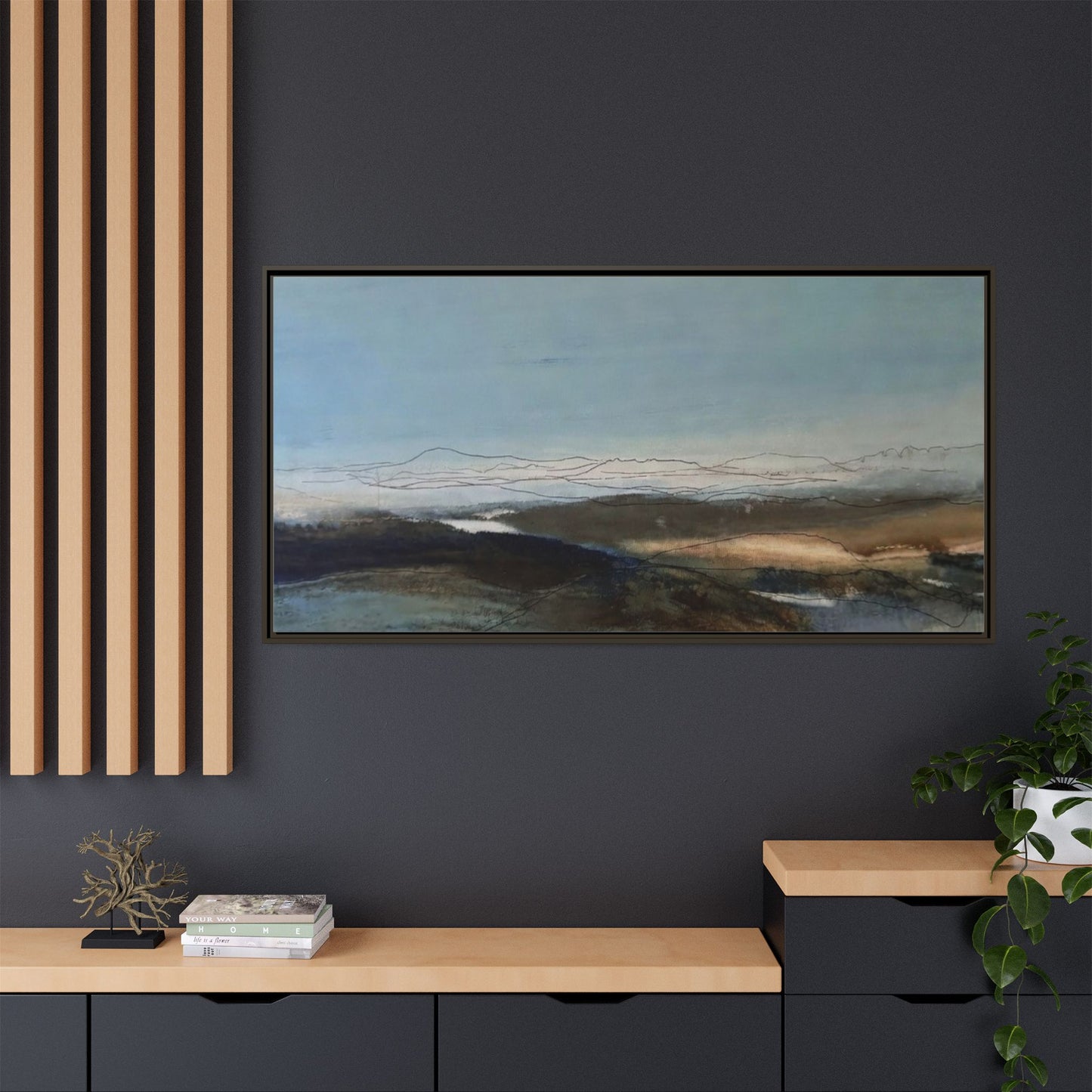Framed Matte Canvas Wall Art — Serene Abstract Blue Landscape
