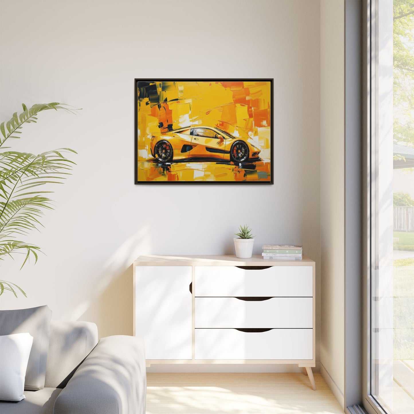 Yellow Sports Car Abstract Matte Canvas Framed Print