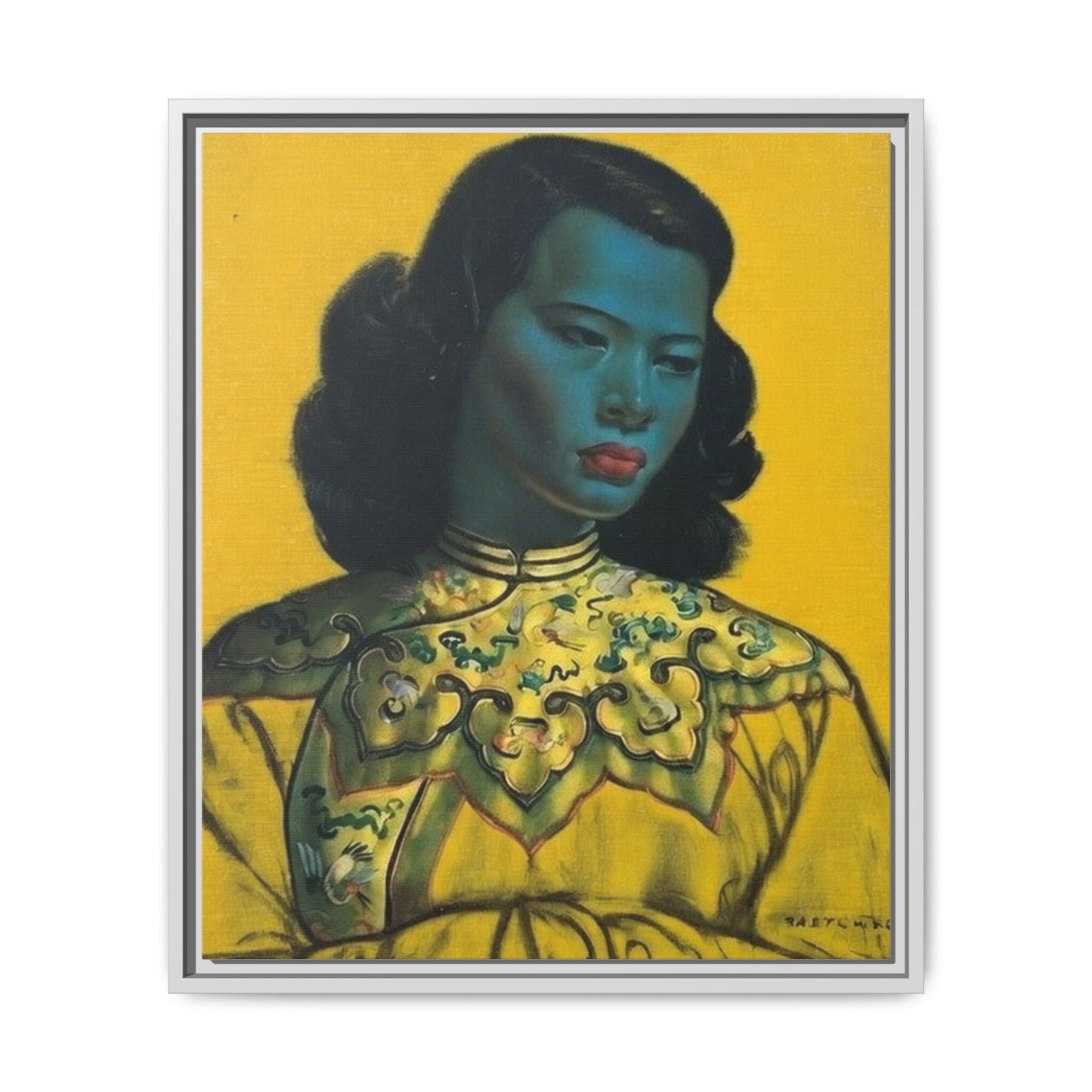 Framed Matte Canvas Art Print — Vintage Portrait with Yellow Background