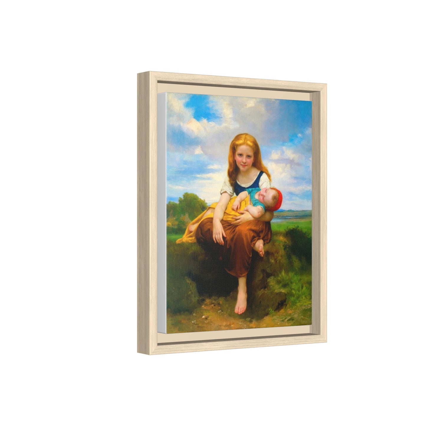 Young Girl Holding Sleeping Baby Canvas Print, Framed Wall Art